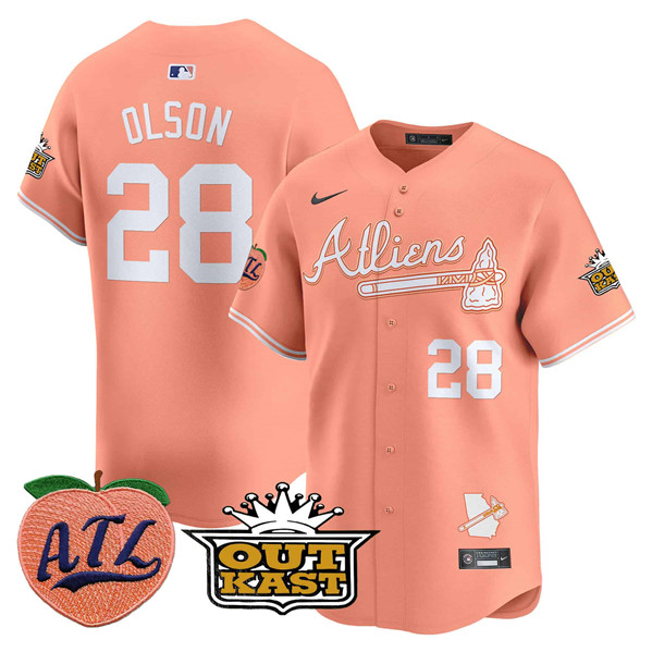Men's Atlanta Braves #28 Matt Olson Peach 2024 Atliens & Peach With Outkast Patch Vapor Limited Stitched Baseball Jersey Men's Atlanta Braves #28 Matt Olson Peach 2024 Atliens & Peach With Outkast Patch Vapor Limited Stitched Baseball Jersey
